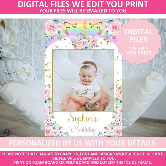 Printable Birthday Unicorn Photo Booth Frame Watercolor Pink Flowers Rainbow Prop Baby Shower Selfie Digital Files 10 090