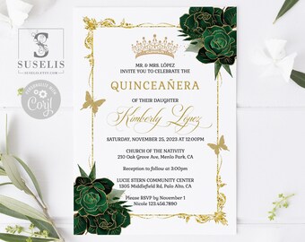 May include: A white Quinceañera invitation card featuring a gold glitter frame, a gold crown icon, and dark green roses. The text includes details for Kimberly Lopez, the date 25 November 2023, and locations in Menlo Park and Palo Alto, California.