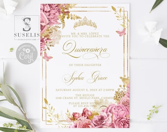 EDITABLE Template Quinceanera Invitation, Gold Pink Flowers, Butterfly, Mis Quince, Sweet 16 Sweet Sixteen, Printable Instant Download QU121