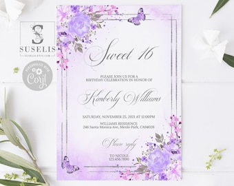 May include: A rectangular invitation card featuring a light purple watercolor background, silver border lines, and floral arrangements in shades of purple and pink. It includes text for a Sweet 16 birthday celebration for Kimberly Williams.