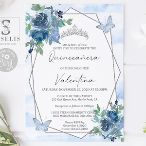 EDITABLE Quinceanera Invitation & Back Template, Blue Flowers, Silver, Butterfly, Mis Quince, Sweet 16, Printable, Instant Download, QU082