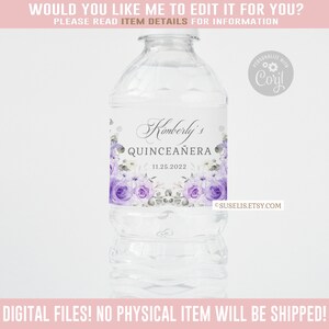 EDITABLE Water Bottle Labels, Quinceanera, Baby shower, Purple Floral, Mis Quince, 15th Birthday, Corjl Template, Instant Download, QU136