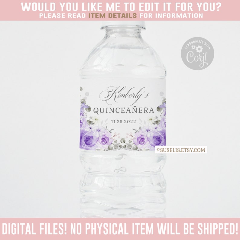 EDITABLE Water Bottle Labels Quinceanera Baby Shower Purple Etsy