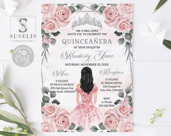 Editable Quinceanera Invitation Pink Floral Butterfly Mis Quince QU173