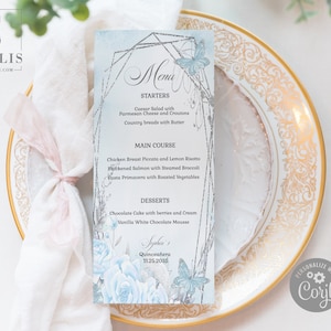 EDITABLE Menu template, Quinceanera, Sweet 16, Blue Flowers, Silver, Butterfly, Mis Quince, 15th Birthday, Printable Instant Download QU069C