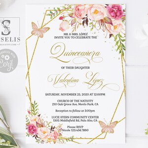 EDITABLE Quinceanera Invitation Template, Blush Pink Flowers, Mis Quince, Sweet Sixteen, Sweet 16, Printable, Instant Download, QU032