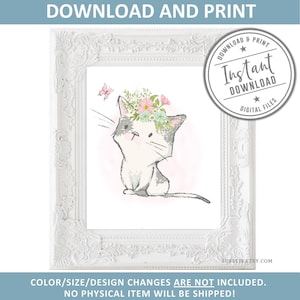 https://www.etsy.com/de/listing/621666604/printable-garderobe-katzen-drucke, Illustration, 4er Set, Tierschilder, Aquarell Kätzchen Schmetterling Blumen, Mädchen Poster, Geschenk Kinder, Wandkunst, DIGITAL Bild 5