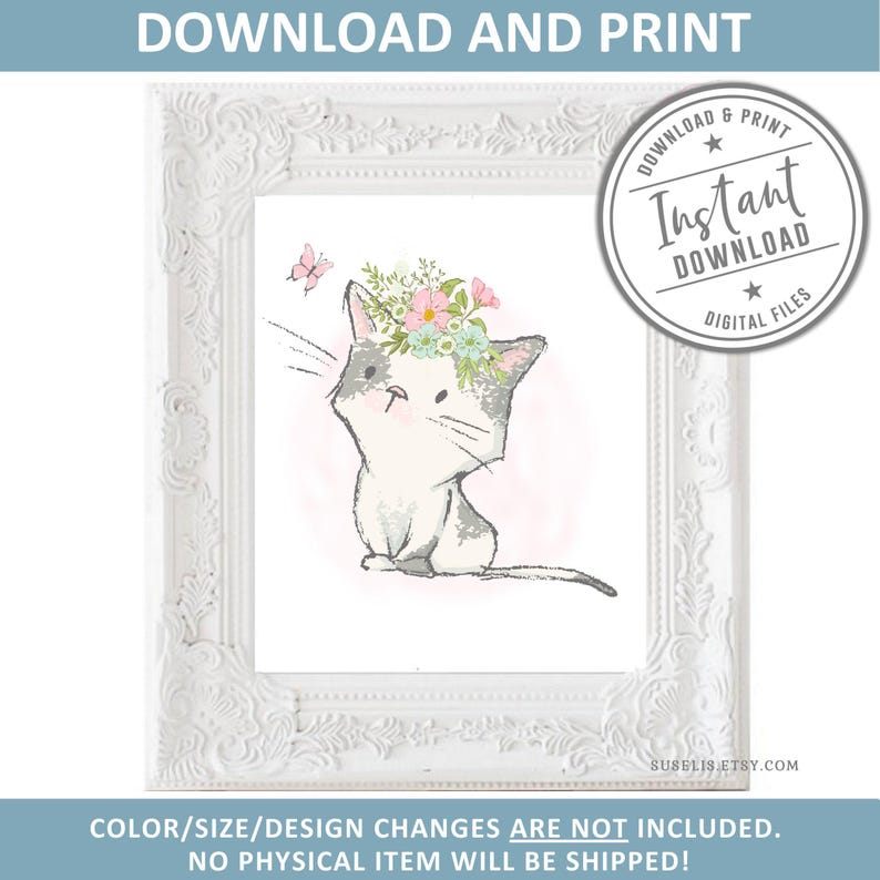 https://www.etsy.com/de/listing/621666604/printable-garderobe-katzen-drucke, Illustration, 4er Set, Tierschilder, Aquarell Kätzchen Schmetterling Blumen, Mädchen Poster, Geschenk Kinder, Wandkunst, DIGITAL Bild 5