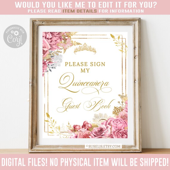 EDITABLE Quinceañera Guest Book Sign Corjl Template Etsy