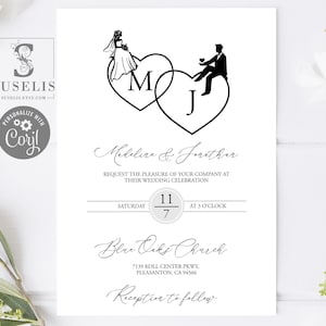 EDITABLE Monogram Wedding Invitation Template, Black Heart Initials Couple, Wedding Invite, Printable, Instant Download, WS115
