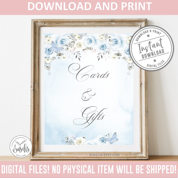 Printable Baby Blue Floral Cards &amp; Gifts Sign Silver Baby | Etsy