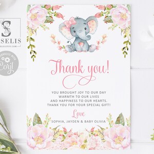 Editable Baby Girl Elephant Thank You Card, Pink Floral Shower BS053