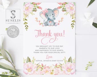 Editable Baby Girl Elephant Thank You Card, Pink Floral Shower BS053