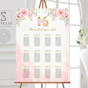 EDITABLE Template Seating Chart, Seating Plan, Table Plan, Blush Pink Flowers, Sweet 16, Quinceanera, Instant download, Printable SW16015