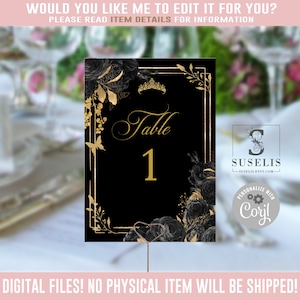 EDITABLE Table Numbers, Quinceanera, Gold Black Flowers, Butterfly, Mis Quince Anos, 15th Birthday, Corjl Template, Instant Download, QU121C