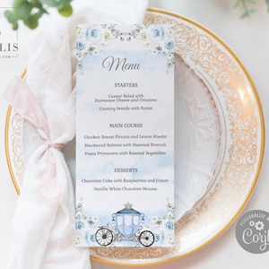 EDITABLE Menu Template, Baby Blue Flowers, Quinceanera, Sweet 16, Reception Menu, Quince, 15th Birthday, Printable, Instant Download, QU120