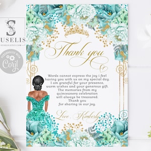 Editable Thank you Card Template, Mint Green Flowers, Quinceañera, Sweet Sixteen, Sweet 16, Printable, Instant Download, QU123