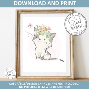 Printable Nursery Cat Print, Animal Nursery Prints, Nursery Sign, Watercolor Kitten Flowers, Girls room poster, Playroom art, DIGITAL FILES