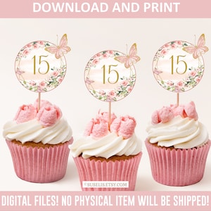 Printable Quinceanera Cupcake Toppers, Birthday, Blush Pink, Gift tag, Mis Quince, 15th Birthday, Butterfly, Instant Download DIGITAL QU054B
