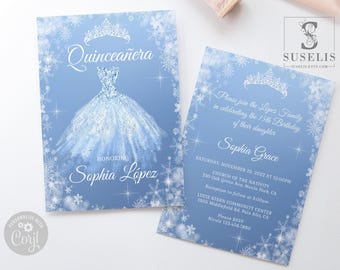 EDITABLE Winter Wonderland Quinceanera Invitation & Back Template, Blue Silver, Mis Quince, Sweet 16, Printable, Instant Download, QU161