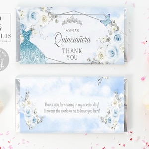 EDITABLE Quinceañera Chocolate Wrapper, Blue Candy Bar, Mis Quince, 15th Birthday, Party Favors, Corjl Template, Instant Download, QU054A
