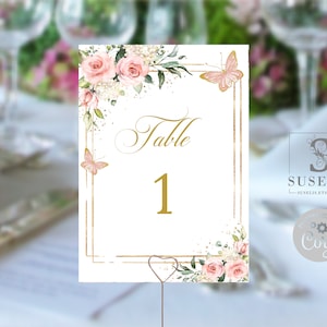 EDITABLE Table Numbers, Quinceanera, Blush Pink Flowers, Butterfly, Sweet Sixteen, 15th Birthday, Template, Instant Download, QWLC002