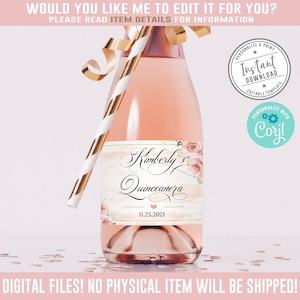 EDITABLE Quinceanera Mini Wine Champagne Bottle Labels, Blush Pink, Mis Quince, Favor labels, Corjl Template, Instant Download, QU054B