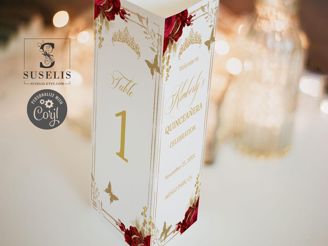 EDITABLE Template Tri-fold Table Stand, White Red Flowers, Trifold ...