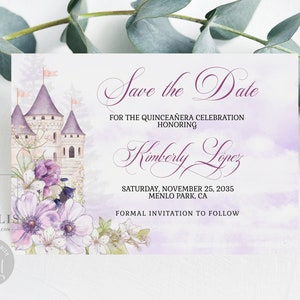 Editable Princess Save the Date Template, Castle Fairy Tale, Purple Flowers, Quinceañera, Sweet 16, Printable, Instant Download, QU145