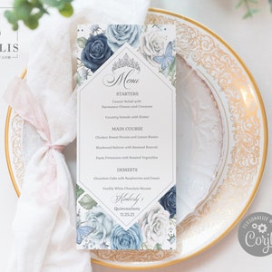 EDITABLE Menu Template, Baby Blue Flowers, Quinceanera, Sweet 16, Reception Menu, Quince, 15th Birthday, Printable, Instant Download, QU110