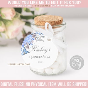 Editable Quinceanera Tag, Thank You, Silver Blue Gift tag, Mis Quince, 15th Birthday, Butterfly, Corjl Template, Instant Download QU058B