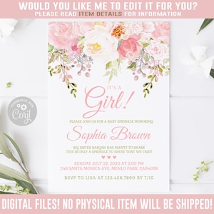EDITABLE Baby Sprinkle Invitation, Corjl Template, Blush Pink Watercolor Flowers Theme, Instant Download, Printable, Girl, Digital, BS044