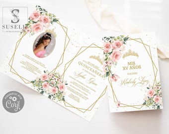 EDITABLE Bi-Folded Quinceanera Invitation Template, Blush Pink Flowers, Mis Quince, Sweet Sixteen, Sweet 16, Instant Digital Download, QU051