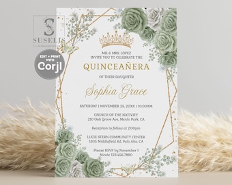 Sage Green Quinceanera Invitations Template, Quince Invite, Editable Digital Invitation Mis Quince Sweet 16 Printable Digital Download QU181