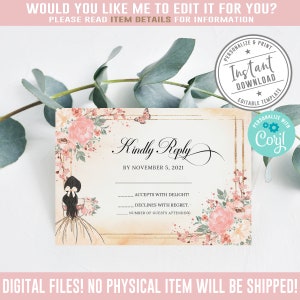 Editable RSVP Card, Corjl Template, Kindly Reply, Blush Pink Flowers, Butterfly, Mis Quince Anos, 15th Birthday, Instant Download, QU058