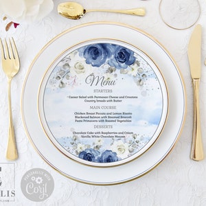 EDITABLE Round Menu Template, Blue Silver Floral, Circle Menu, Quinceañera, Sweet 16, 16th Birthday, Printable, Instant Download, QU084A