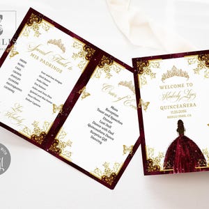 Può includere: Un set di cartoline di benvenuto e programma per Quinceañera color bordeaux e oro con un'illustrazione di tiara, dettagli a farfalla e testo che include Welcome to Kimberly Lopez Quinceañera 11.25.2035 Menlo Park, CA e Special Thanks to Mis Padrinos.
