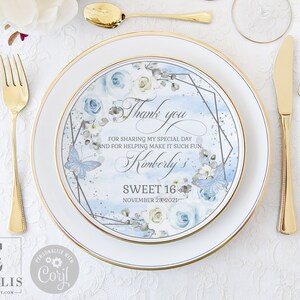 EDITABLE Sweet Sixteen Charger Plate Insert, Blue Silver Floral, Centerpiece, Sweet 16, 16th Birthday, Instant Download, Template, SW16019
