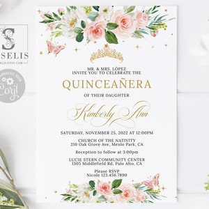 EDITABLE Quinceanera Invitation Template, Blush Pink Flowers, Sweet Sixteen, Sweet 16, Quince, Wedding, Printable, Instant download, QU010
