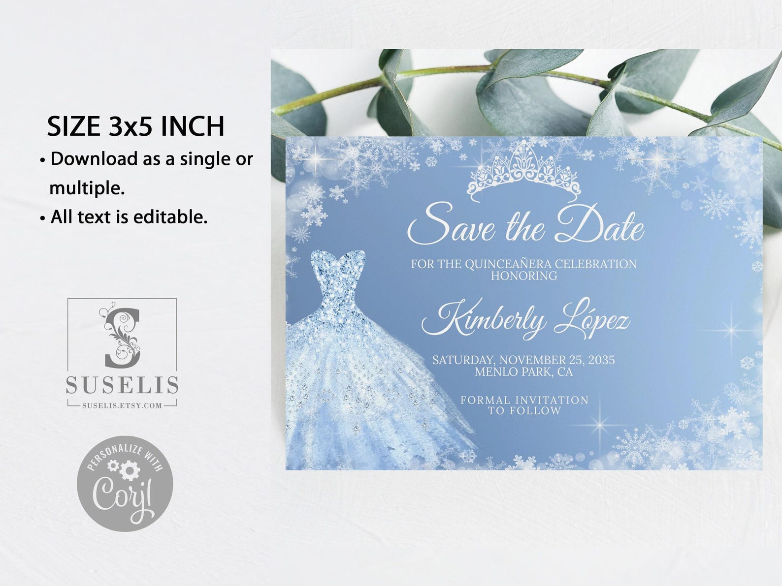 Editable Winter Wonderland Save the Date Card Template, Blue Silver ...