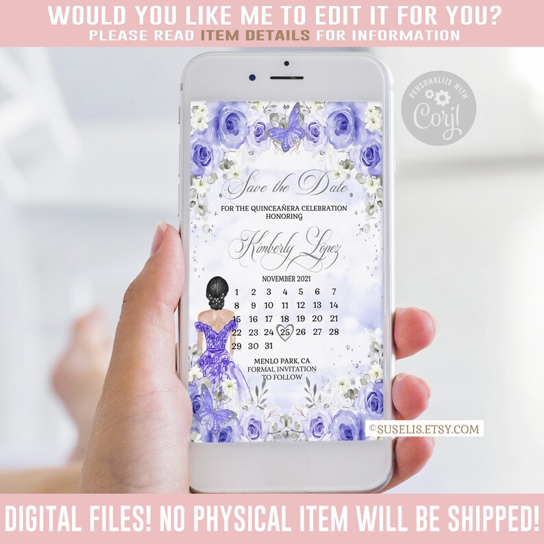 Editable Save the Date Evite Calendar Text Invite Purple Etsy