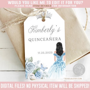 Editable Quinceanera Favor Tag, Blue Silver, Gift tag, Mis Quince Anos, 15th Birthday, Butterfly, Corjl Template, Instant Download, QU181