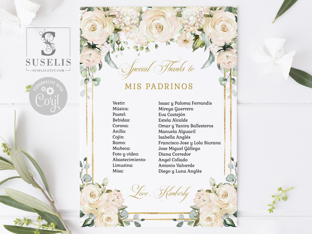 EDITABLE Lista De Padrinos, Special Thanks, List of Godparents, White