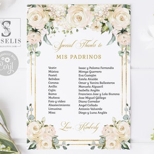 EDITABLE Lista de Padrinos, Special Thanks, List of Godparents, White Flowers, Mis Quince, 15th Birthday, Corjl Template, Instant SU029
