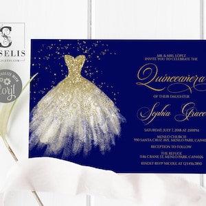 EDITABLE Quinceanera Invitation Template, Royal Blue Gold Theme, Mis Quince, Sweet Sixteen, Sweet 16, Printable, Instant Download, QU008