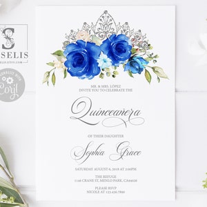 EDITABLE Quinceanera Invitation Template, Royal Blue Flowers, Mis Quince Anos, Sweet Sixteen, Sweet 16, Printable Instant Download, QU021
