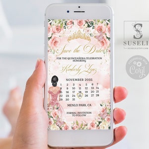 Editable Save the Date Template, Blush Pink Flowers, Text Invite, Quinceañera, Sweet 16, Evite, SMS Email, Printable Instant download, QU084