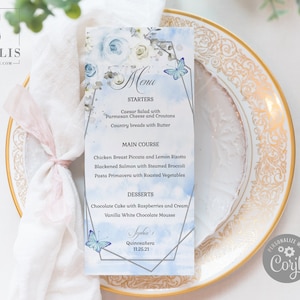 EDITABLE Menu Template, Baby Blue Flowers, Quinceanera, Sweet 16, Reception Menu, Quince, 15th Birthday, Printable, Instant Download, QU054A
