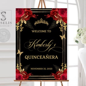 EDITABLE Quinceañera Welcome Sign Template, Gold Ruby Red Flowers, Sweet 16 Poster, Quince, Sweet Sixteen, Printable Instant Download QU140