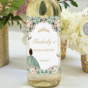 EDITABLE TEMPLATE Wine Bottle Labels, Sage Green Flowers, Quinceanera, Quince, Sweet 16, Favor Labels, Printable, Instant Download, QU211
